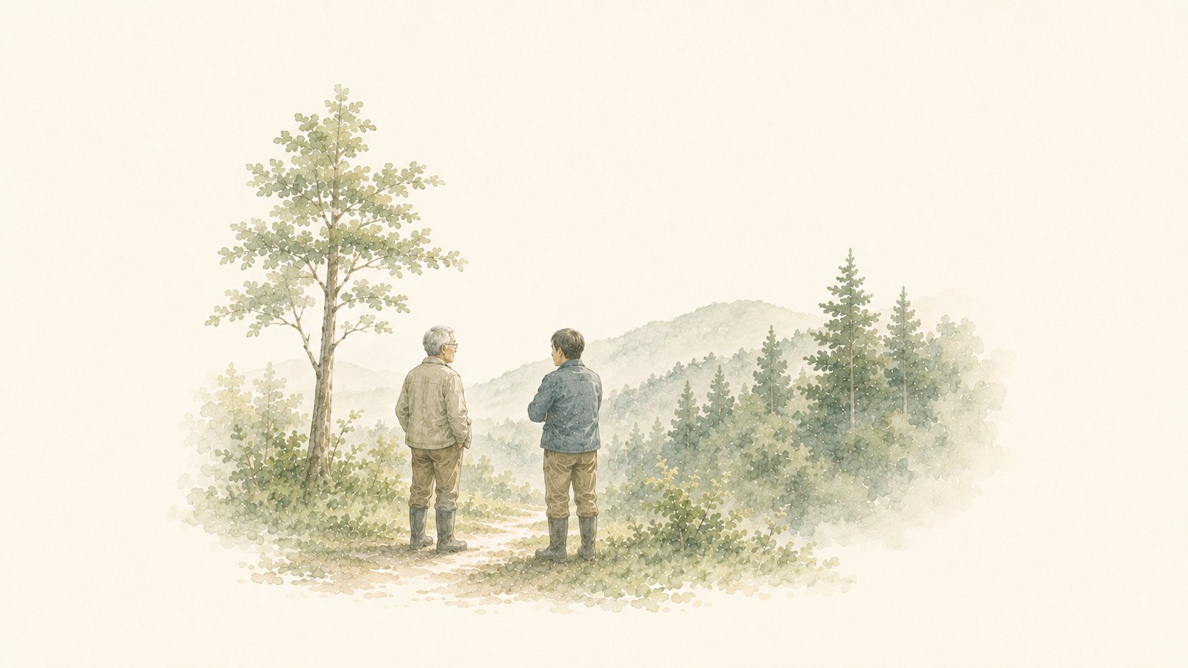 並んで山の景色を見つめる二人の後ろ姿